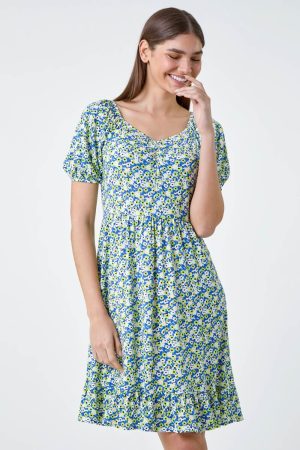 Roman Ditsy Floral Ruched Frill Stretch Dress in Lime - Size 20 20 female