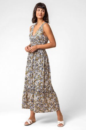 Roman Ditsy Floral Shirred Waist Midi Dress in Multi 16 female