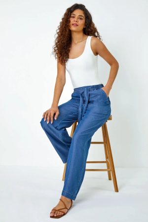 Roman Elastic Tie Waist Pocket Trousers in Denim 20 female