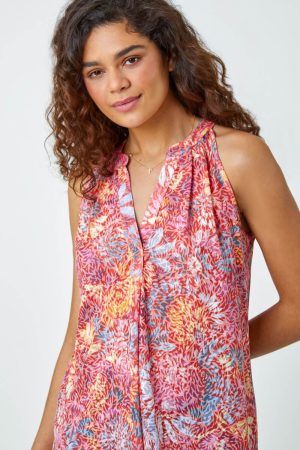 Roman Floral Burnout Print V-Neck Vest Top in Red 12 female