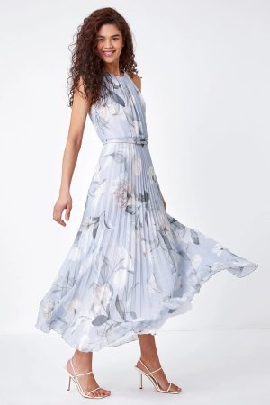 Roman Floral Pleated Maxi Occasion Wedding Guest Dress in Grey 10 female