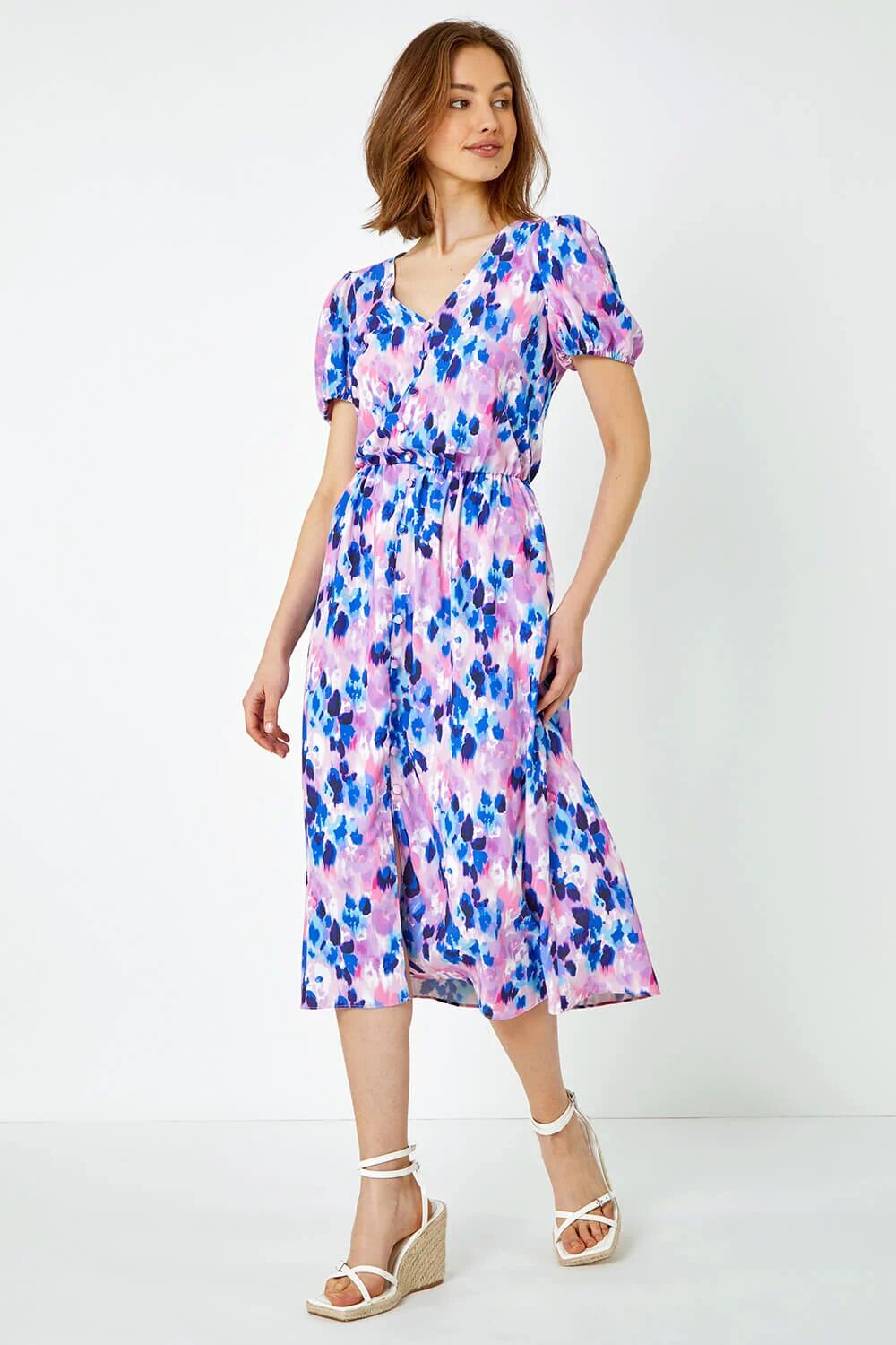 Roman Floral Print Button Detail Midi Dress in Pink 12 female ...