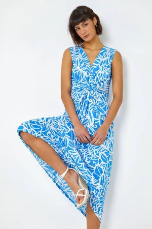 Roman Floral Print Twist Front Maxi Dress in Blue - Size 16 16 female