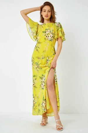 Roman Floral Tiered Sleeve Chiffon Maxi Dress in Yellow - Size 16 16 female