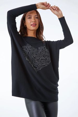 Roman Heart Sparkle Embellished Jumper in Black S female