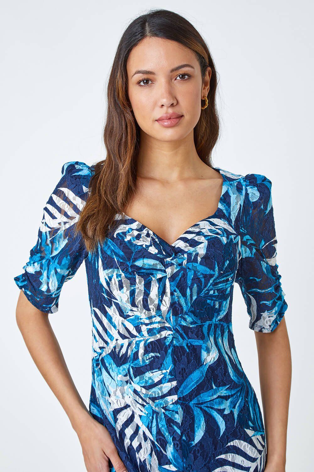 Roman Leaf Print Puff Sleeve Midi Dress in Navy 20 female ...