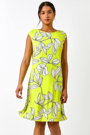 Roman Linear Floral Print Swing Dress in Lime - Size 12 12 female