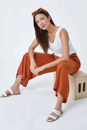 Roman Linen Blend Elastic Waist Cropped Culottes in Rust M female