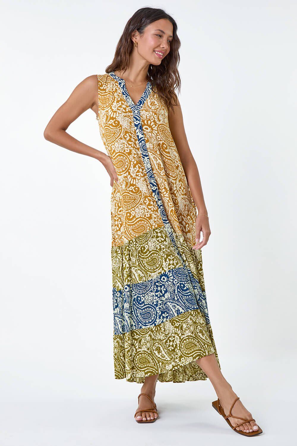 Roman Patchwork Print Tiered Maxi Dress in Amber - Size 18 18 female ...