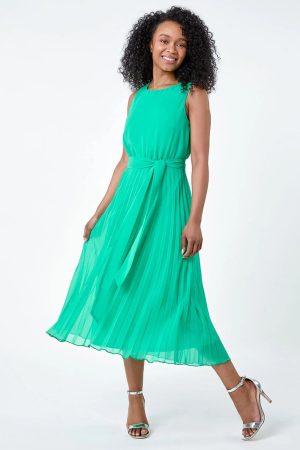 Roman Petite Petite Pleated Chiffon Midi Dress in Green 10 female