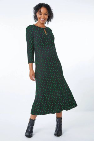 Roman Petite Petite Spot Print Keyhole Midi Dress in Green 12 female