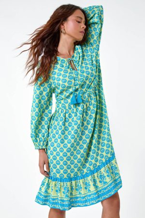 Roman Petite Roman Originals Petite Border Print Tassel Smock Dress in Turquoise - Size 10 10 female