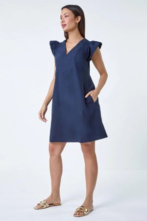 Roman Plain Cotton Frill Sleeve Pocket Dress in Navy - Size 18 18 female