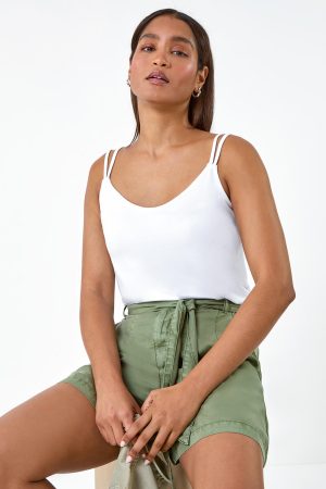 Roman Plain Double Strap V-Neck Stretch Vest Top in White 10 female