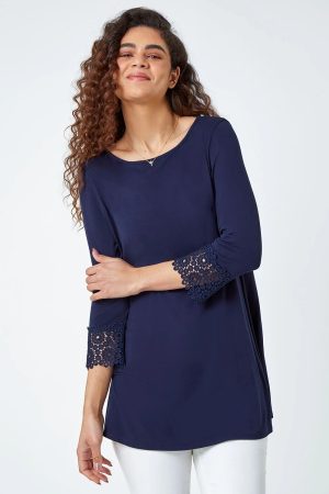 Roman Plain Lace Trim Stretch Top in Navy 10 female