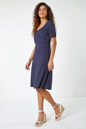 Roman Polka Dot Print Stretch Dress in Navy - Size 12 12 female