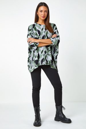 Roman Relaxed Abstract Print Stretch Top in Khaki 12 female