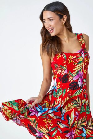 Roman Sleeveless Floral Panel Stretch Dress in Red - Size 12 12 female