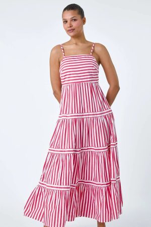 Roman Sleeveless Stripe Tiered Cotton Maxi Dress in Red - Size 18 18 female