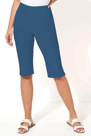 Roman Stretch Knee Length Elastic Waist Shorts in Petrol Blue 16 female