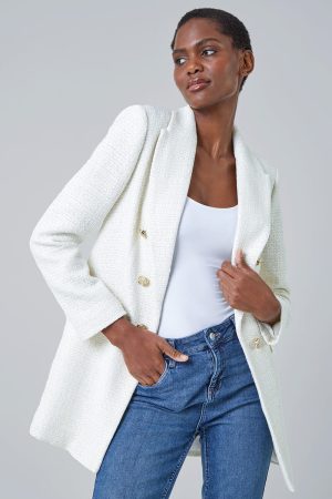 Roman Tailored Longline Boucle Jacket in Ivory 16 female