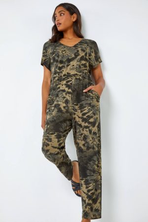 Roman Tie Dye Pocket Stretch Jumpsuit in Khaki 20 female