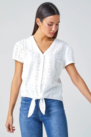 Roman Tie Front Cotton Broderie V-Neck T-Shirt in White 14 female