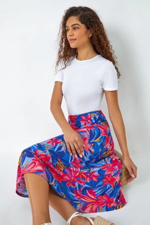 Roman Tropical Floral Stretch Panel A Line Skirt in Blue 20 female