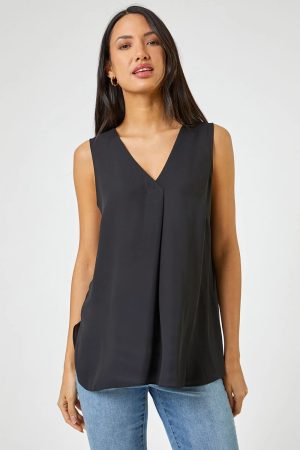 Roman V-Neck Pleat Tunic Tank Top in Black 24 female