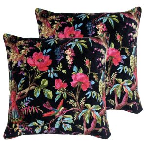 Rosalind Wheeler Bivens Floral Cotton Velvet Filled Cushion Twin Pack black 50.0 H x 50.0 W x 3.0 D cm