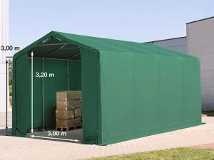 Toolport 4x8m - 3.0m Sides PVC Industrial Tent with zipper entrance, PVC 850, dark green with statics package (concrete anchors) - (94076)