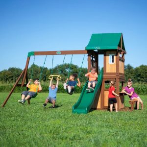 Backyard Discovery Lakewood Cedar Wooden Swing Set with 3 x Swings and 1 x Slide brown/green 262.0 H x 428.0 W x 343.0 D cm