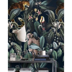 17 Stories Aadan Dark Tropical Wild Jungle Wallpaper black/blue/green/orange 250.0 H x 200.0 W cm