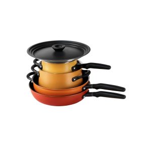 Meyer induction Hob Pan Set Non Stick - 6 Piece Stackable Pots and Pans Set with Universal Lids & Anti Spill Shape, Both Stainless Steel & Aluminium C brown/red 11.0 W cm