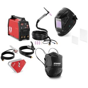 Stamos Welding Group Welding set - TIG welder - 200 A - pulse - digital - welding helmet Colour Glass Y-100 - welding angle - switch - 45/90° - 55 kg S-WIGMA200M-SET-1