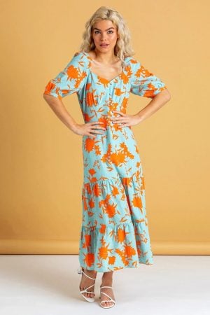 Dusk Fashion Button Through Floral Print Midi Dress in Orange 6 female