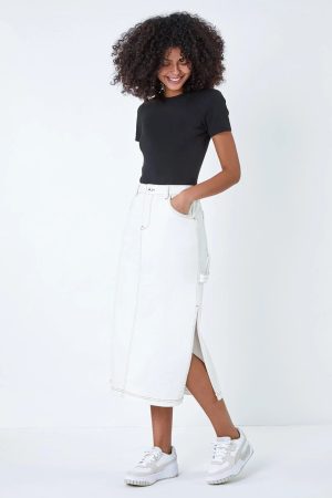 Dusk Fashion Cotton Denim Side Split Midi Skirt in Natural 18 female