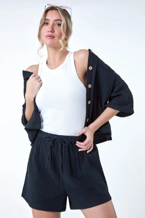 Dusk Fashion Cotton Elastic Waist Tie Detail Shorts in Black 18 female