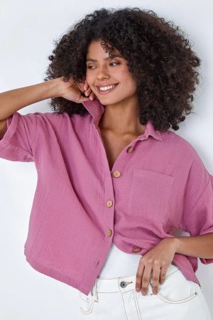 Dusk Fashion Cotton Relaxed V-Neck Button Shirt in Lilac 14 female