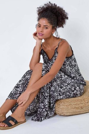 Dusk Fashion Ditsy Floral Button Detail A line Midi Skirt in Black 12 female