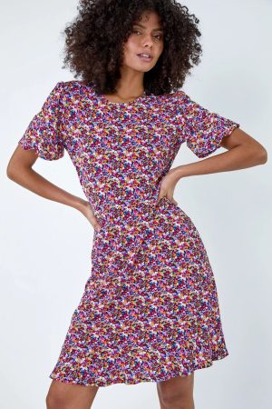 Dusk Fashion Ditsy Floral Print Dress in Fuchsia 6 female