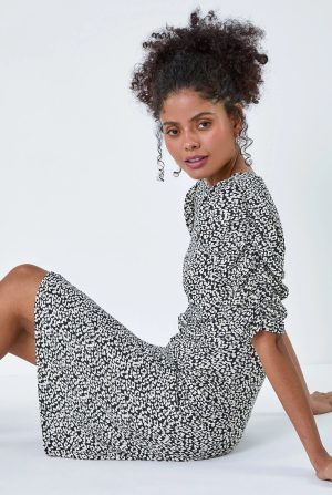 Dusk Fashion Ditsy Floral Ruched Puff Sleeve Dress in Black - Size 12 12 female