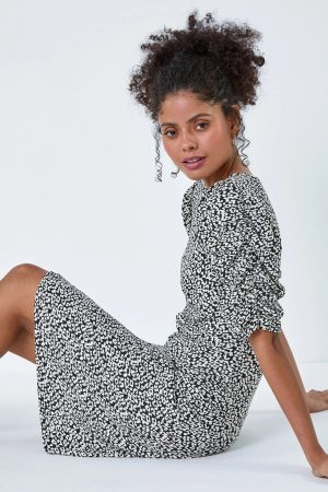 Dusk Fashion Ditsy Floral Ruched Puff Sleeve Dress in Black - Size 18 18 female