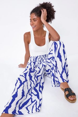 Dusk Fashion Elastic Waist Animal Shirred Wide Leg Trousers in Royal Blue 18 female