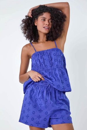 Dusk Fashion Elastic Waist Cotton Broderie Anglaise Shorts in Indigo 8 female