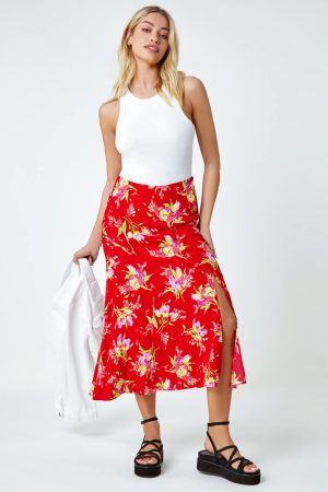 Dusk Fashion Floral Asymmetric Frill Midi Skirt in Red 14 female