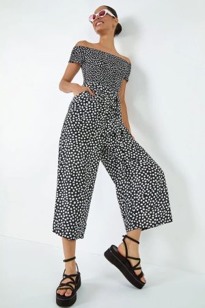 Dusk Fashion Polka Dot Shirred Stretch Bardot Jumpsuit in Black 10 female