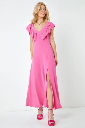 Dusk Fashion Ruffle Detail Midi Dress in Pink 12 female