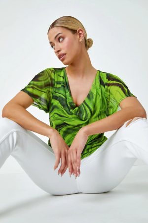 Dusk Fashion Swirl Print Stretch Cut Out Top in Green 8 female