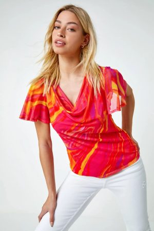 Dusk Fashion Swirl Print Stretch Cut Out Top in Pink 8 female